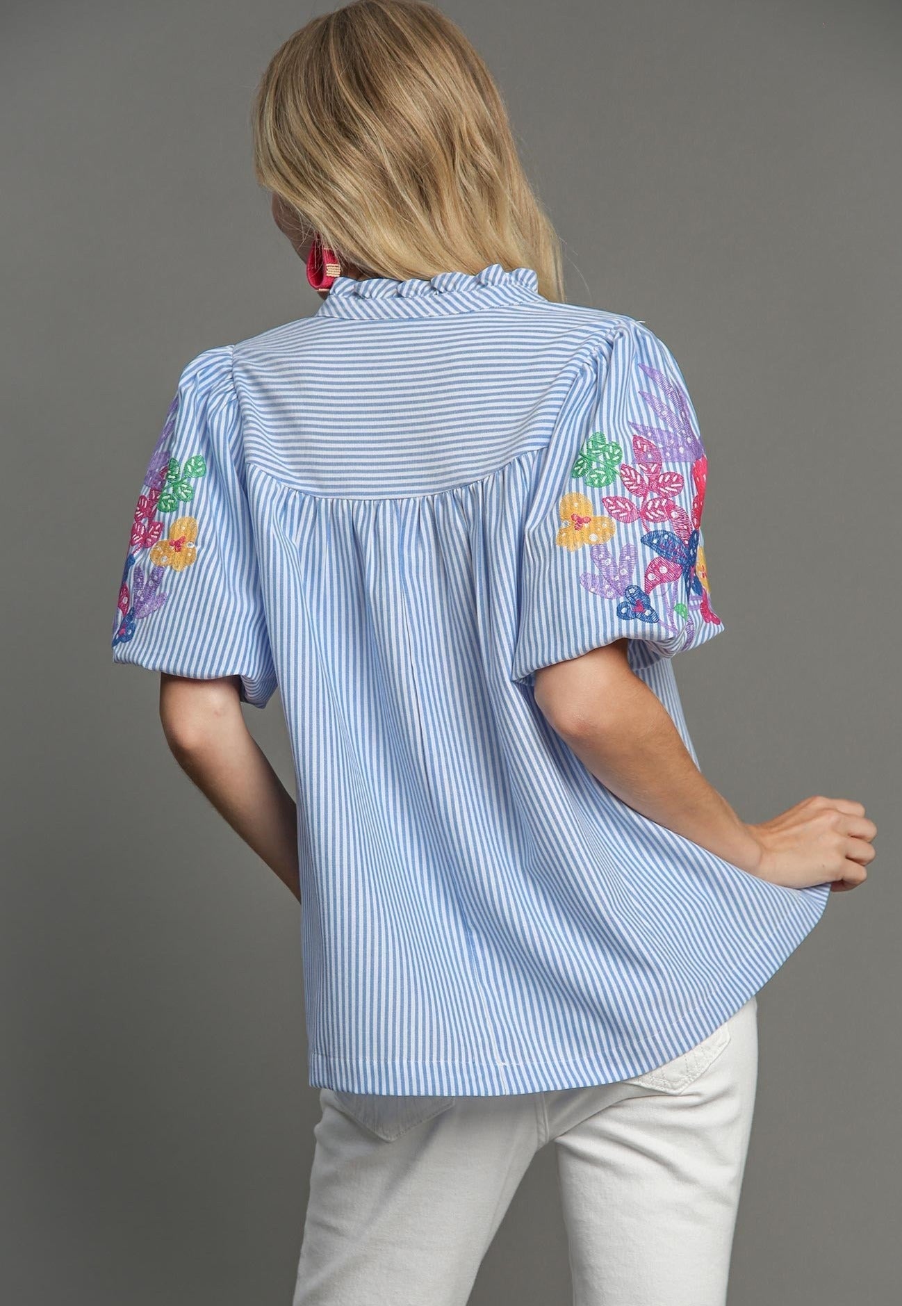 40% Off - Set Sail Blue Striped Embroidered Blouse