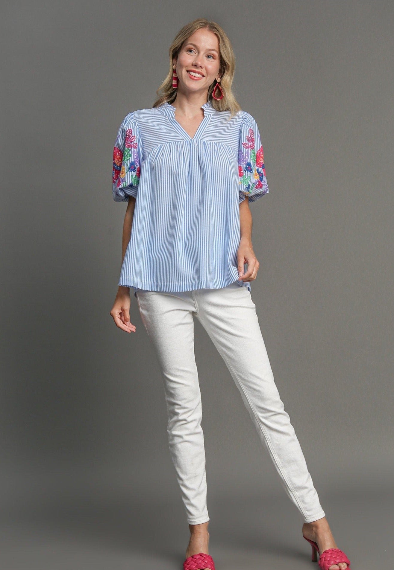 40% Off - Set Sail Blue Striped Embroidered Blouse