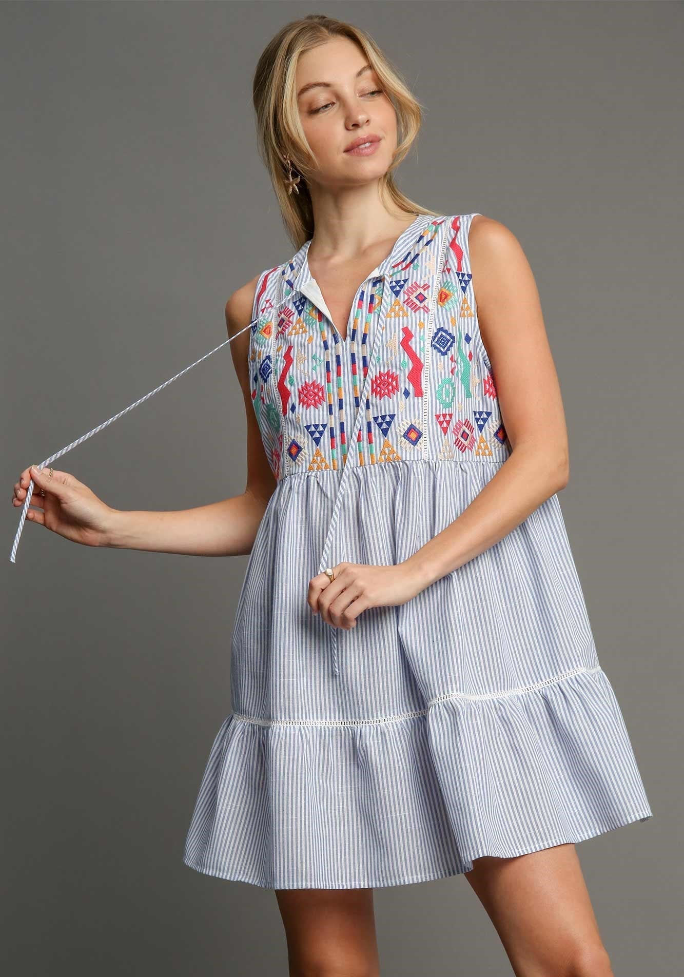Happily Ever After Blue Striped Embroidered Dress