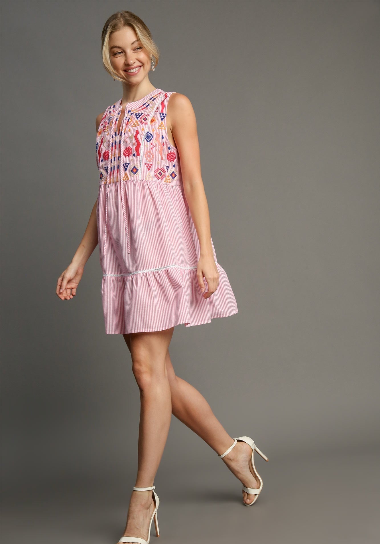 Happily Ever After Pink Striped Embroidered Dress
