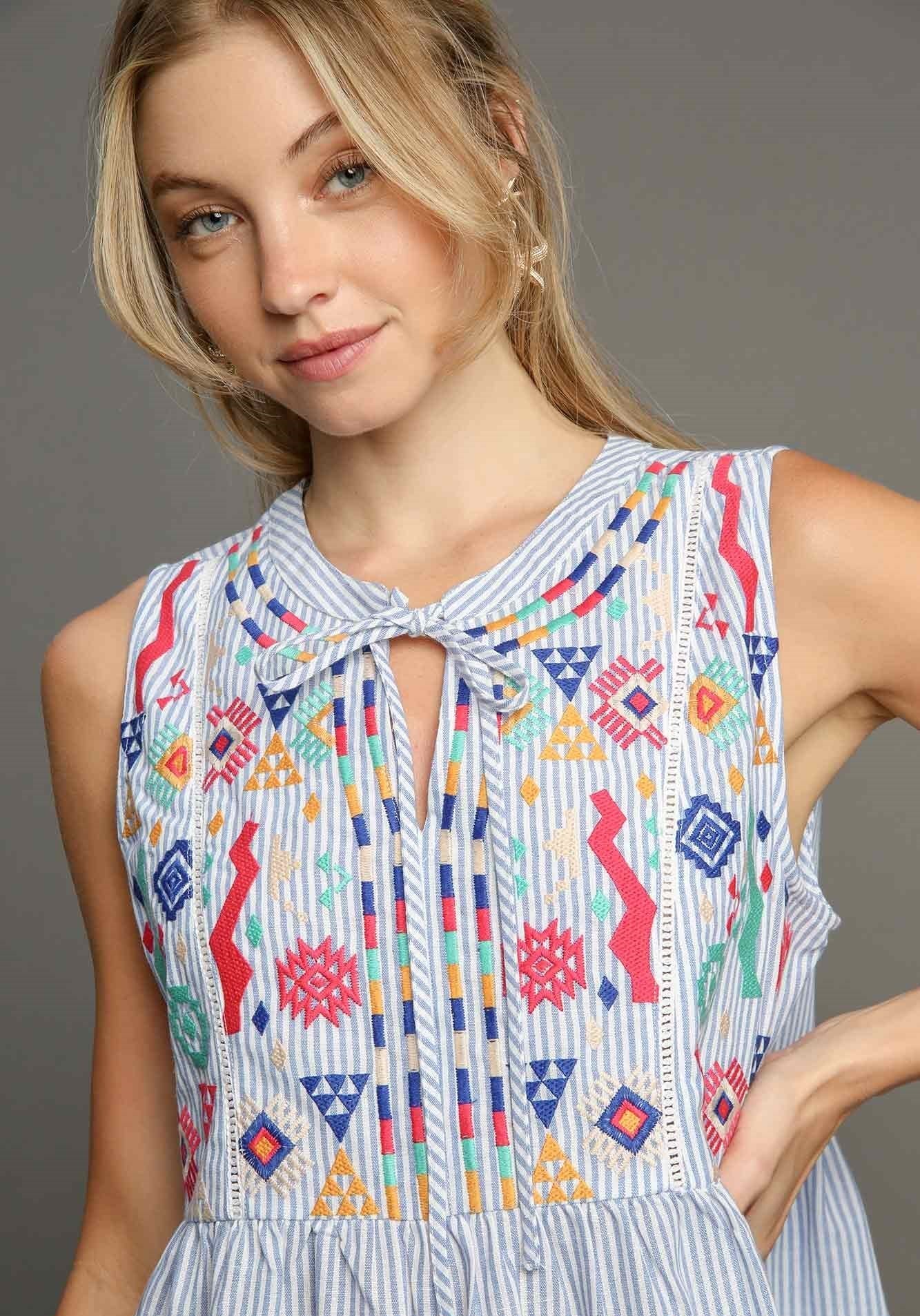Happily Ever After Blue Striped Embroidered Dress