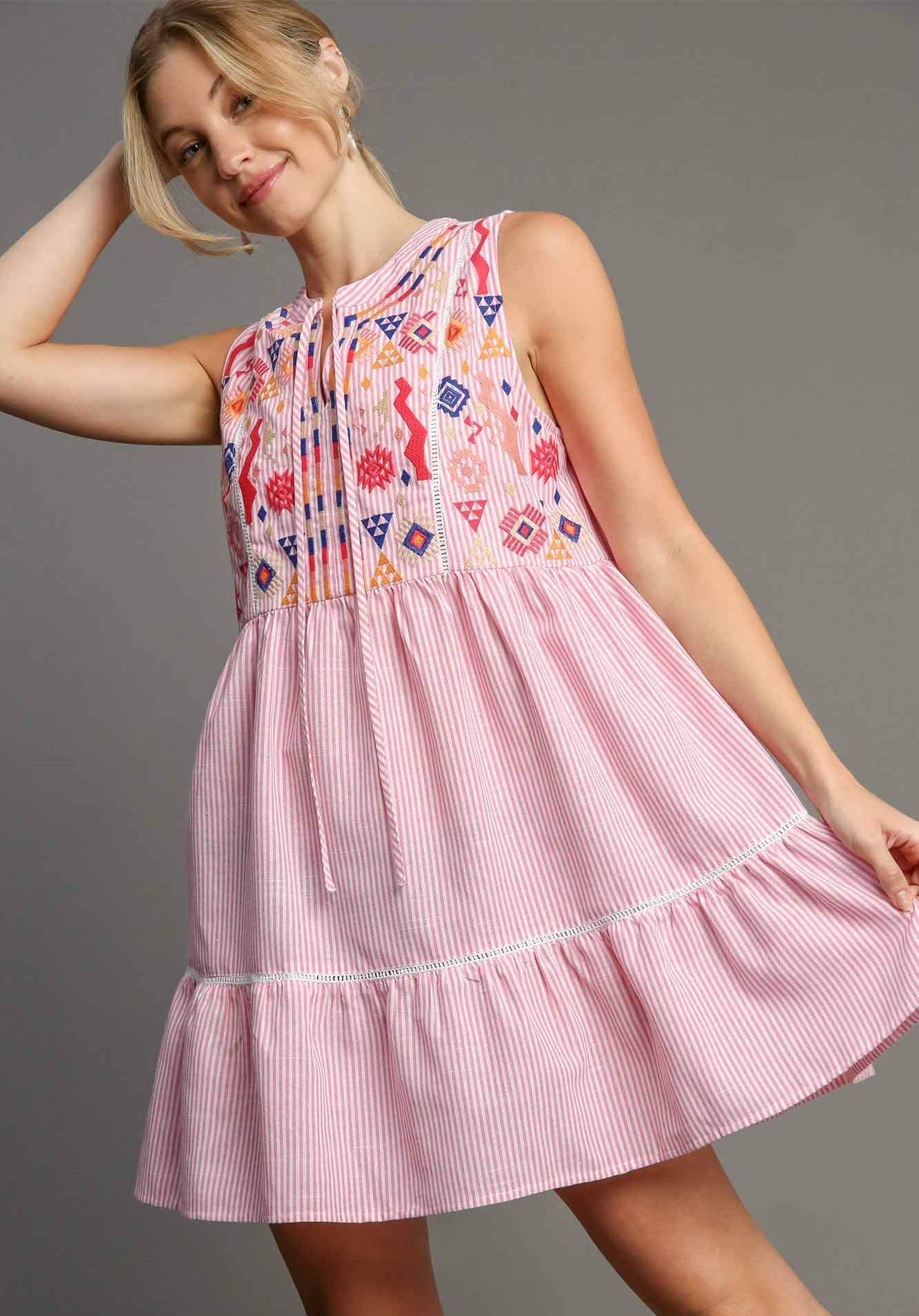 Happily Ever After Pink Striped Embroidered Dress