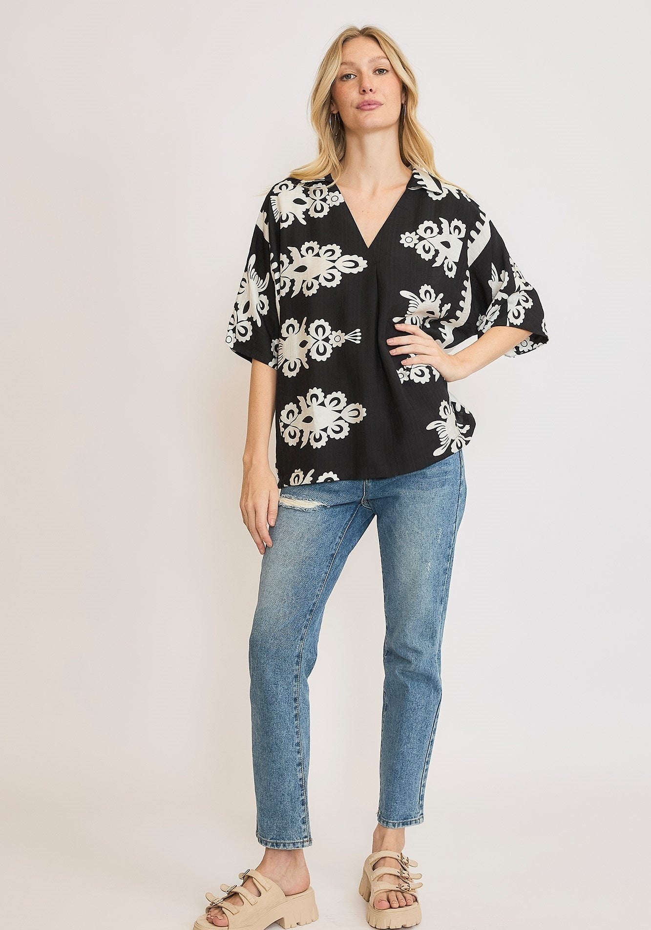 At Your Pace Black Boho Print Blouse