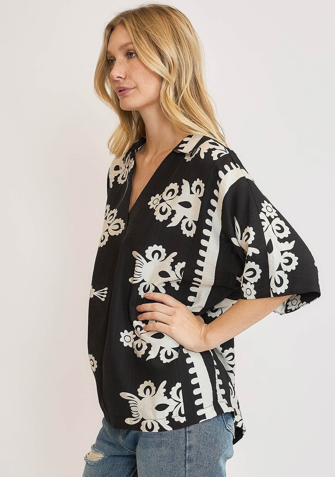 At Your Pace Black Boho Print Blouse