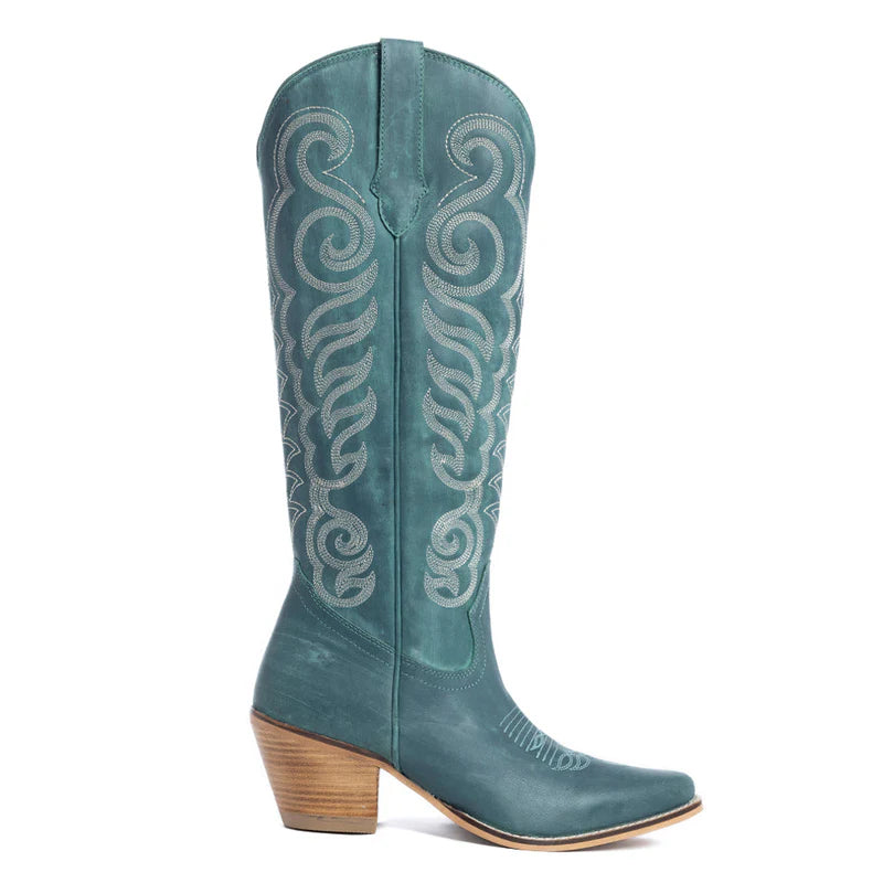 MYRA Teal Embroidered Leather Boots