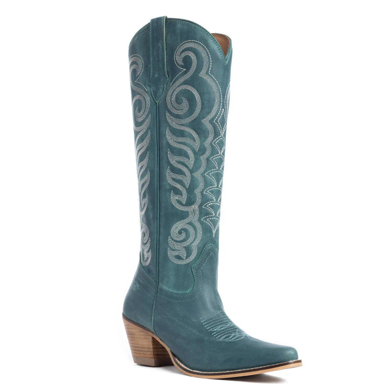 MYRA Teal Embroidered Leather Boots