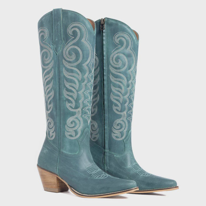 MYRA Teal Embroidered Leather Boots