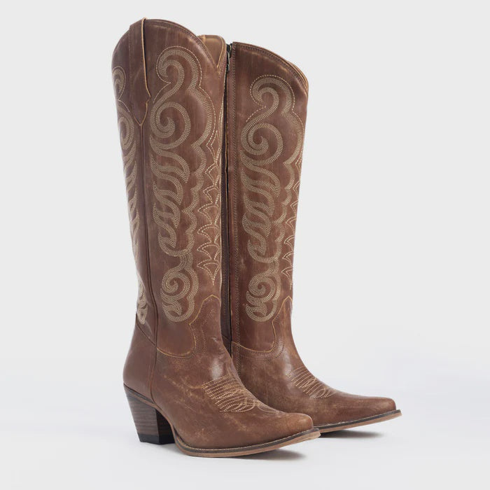 MYRA Brown Embroidered Leather Boots