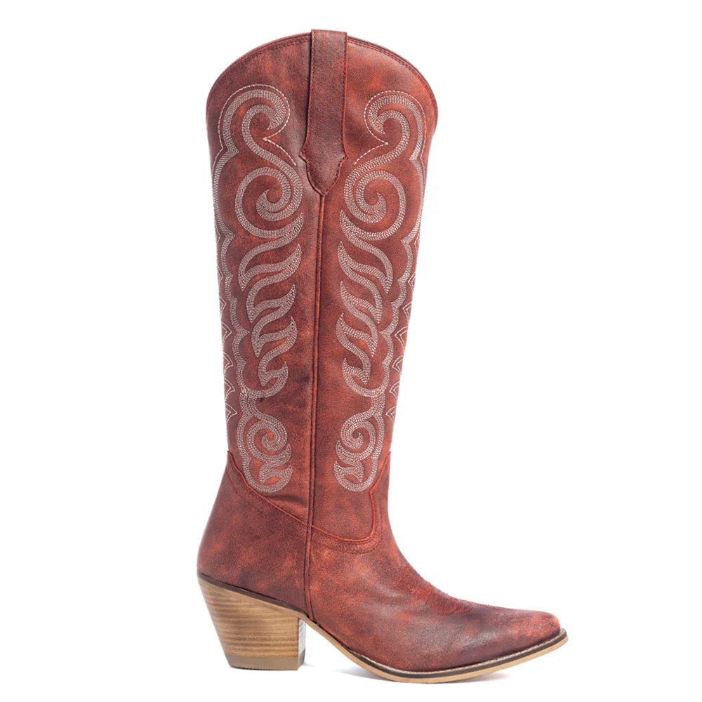 MYRA Red Embroidered Leather Boots