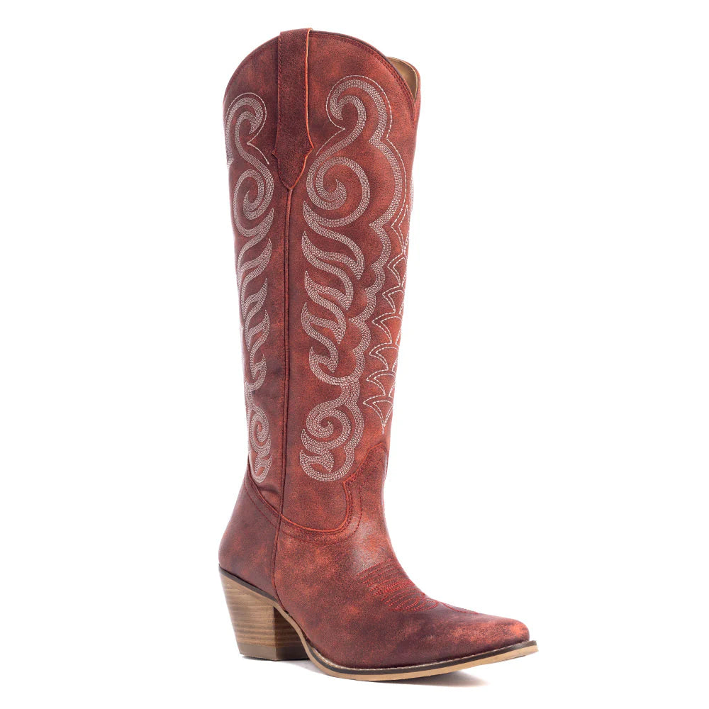 MYRA Red Embroidered Leather Boots