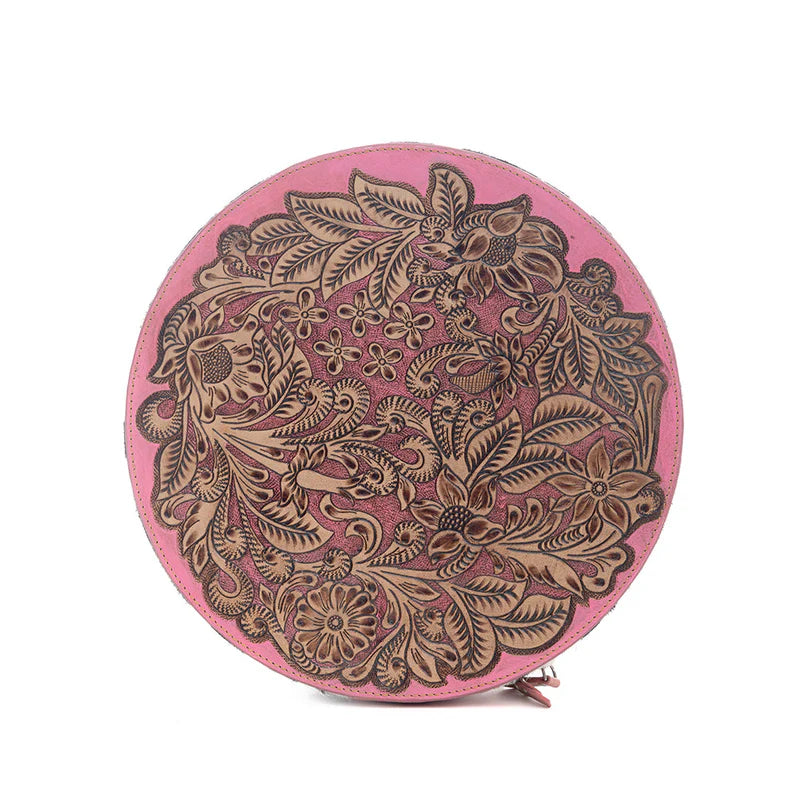 MYRA Circle Tooled Leather Pink Jewelry Box