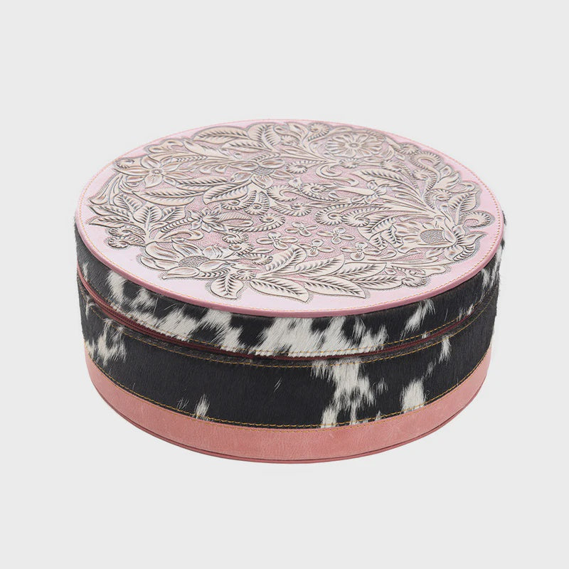 MYRA Circle Tooled Leather Pink Jewelry Box