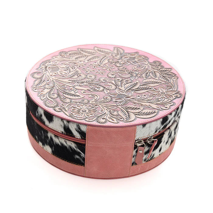 MYRA Circle Tooled Leather Pink Jewelry Box