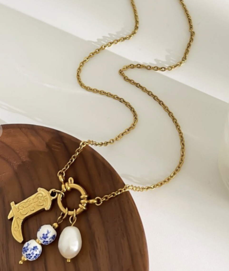 Blue Willow Gold Boot Necklace
