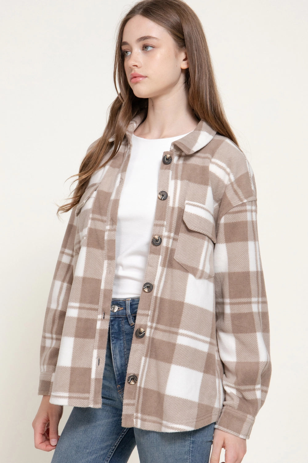 Pumpkin Patch Taupe Plaid Lined Shacket
