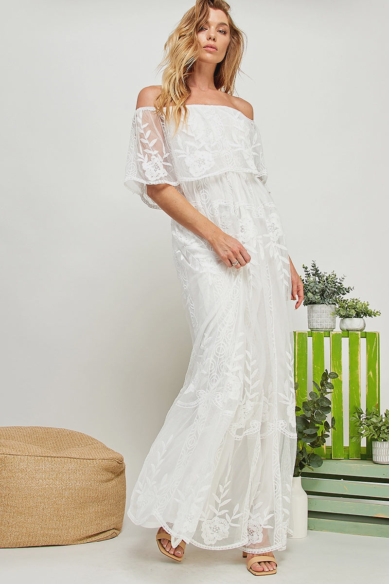 Sail Away White Lace Off Shoulder Maxi Dress