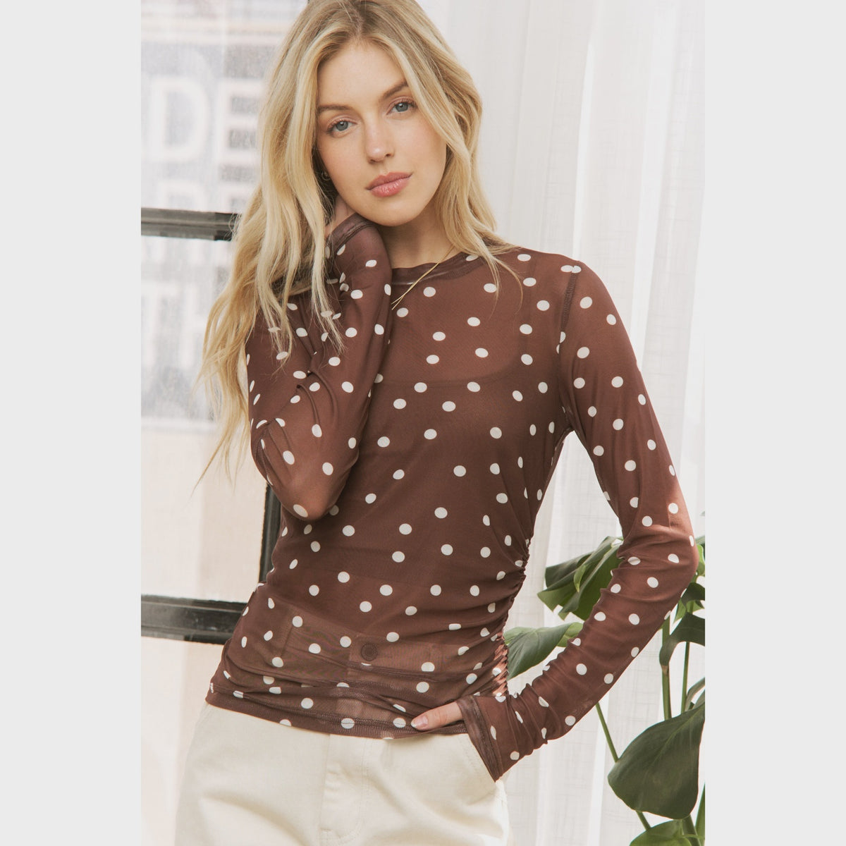 Lead The Way Brown Polka Dot Mesh Top