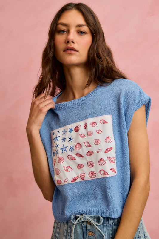 It Shore Is A Good Life Flag Knit Top