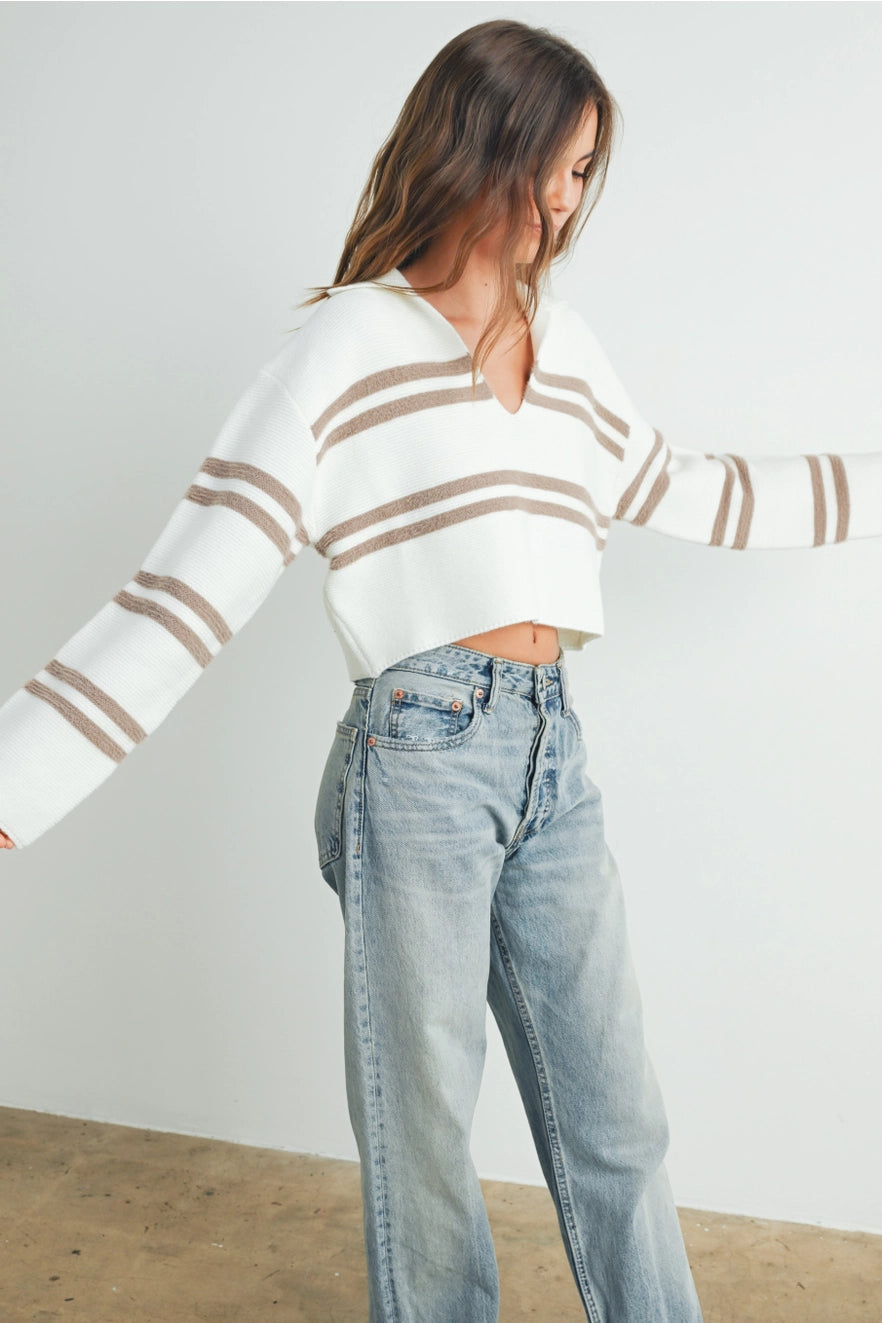 Stick Around Ivory Striped Crop Sweater