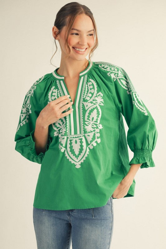 Getaway Kelly Green Embroidered Blouse
