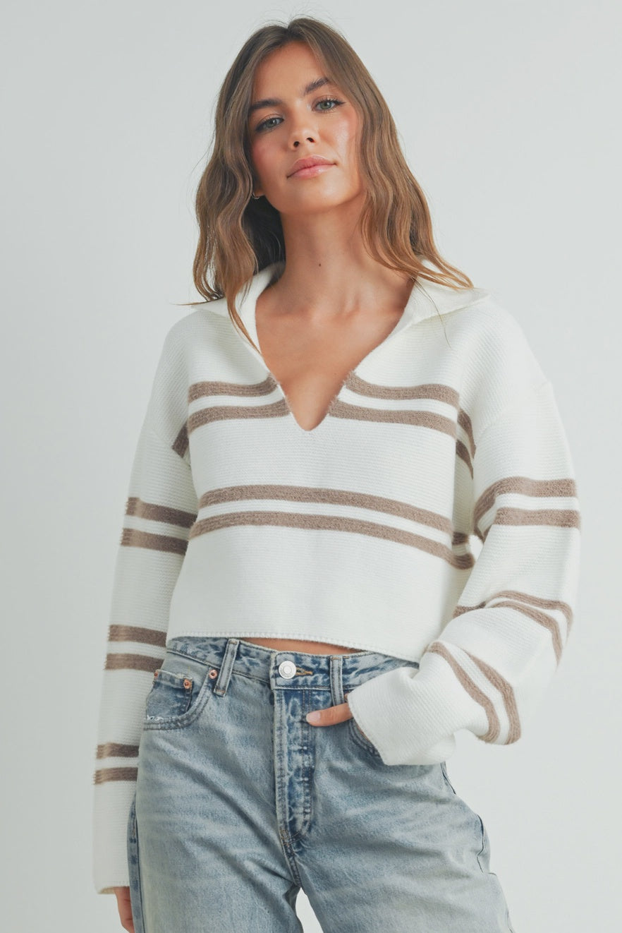 Stick Around Ivory Striped Crop Sweater