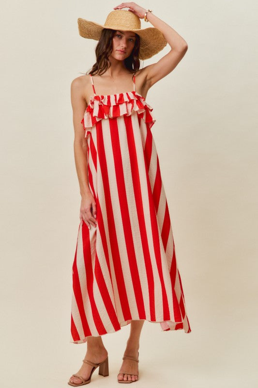 Right From The Start Red Ruffled Striped Maxi