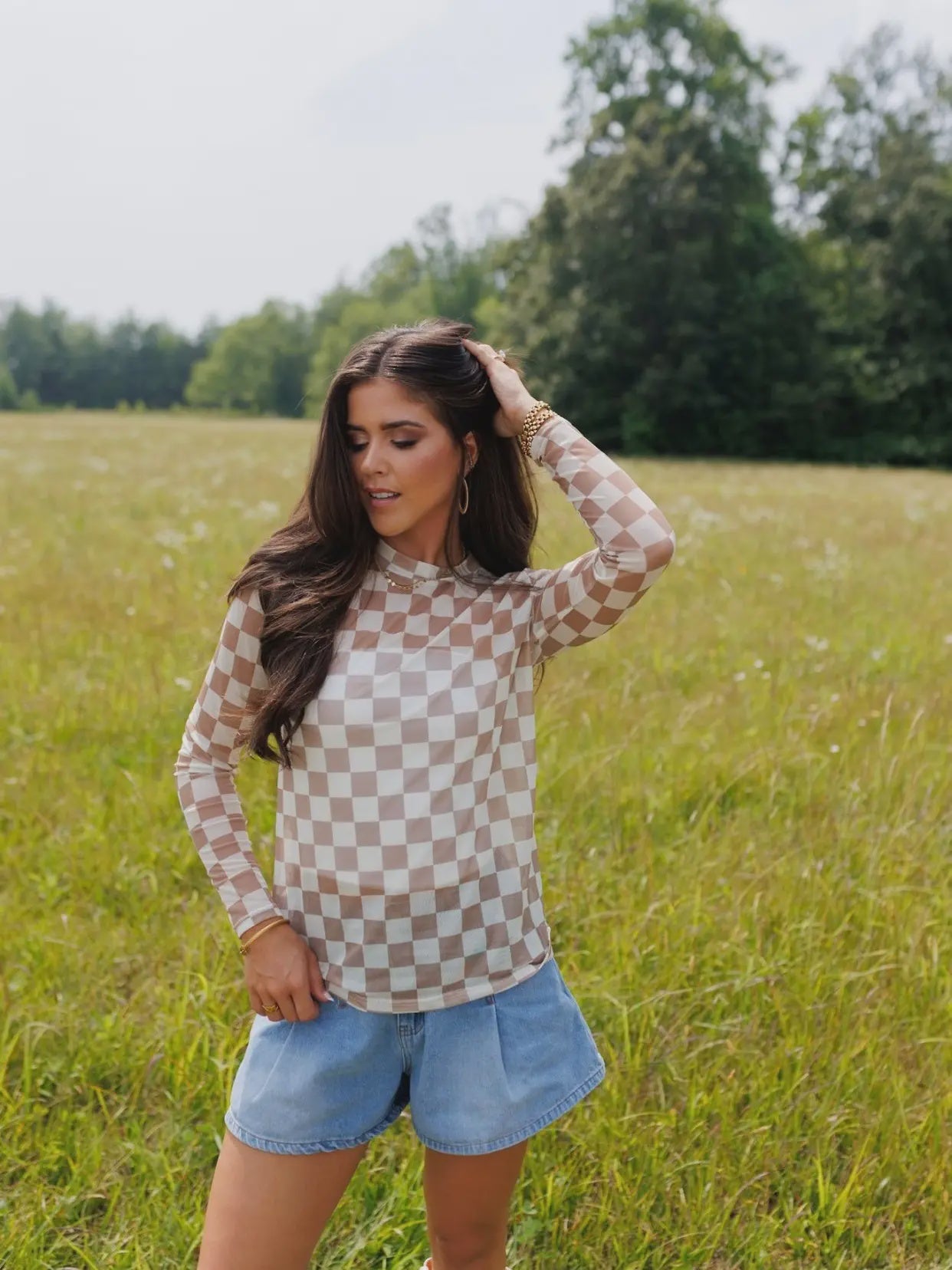 Wanna Bet On It Tan Checkered Mesh Top