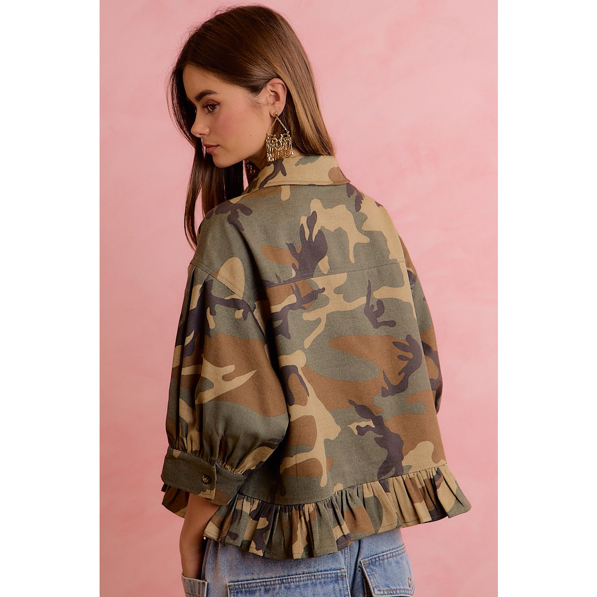 Outskirts Of Heaven Camo Ruffled Hem Blouse