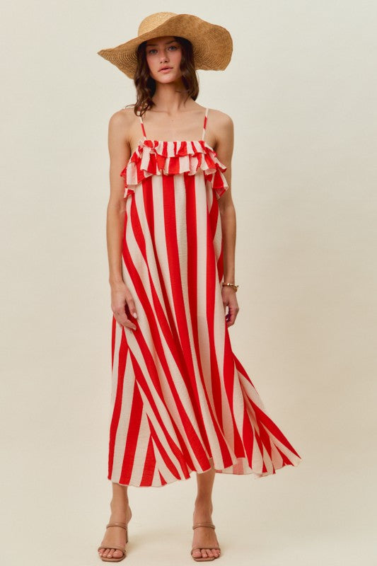Right From The Start Red Ruffled Striped Maxi