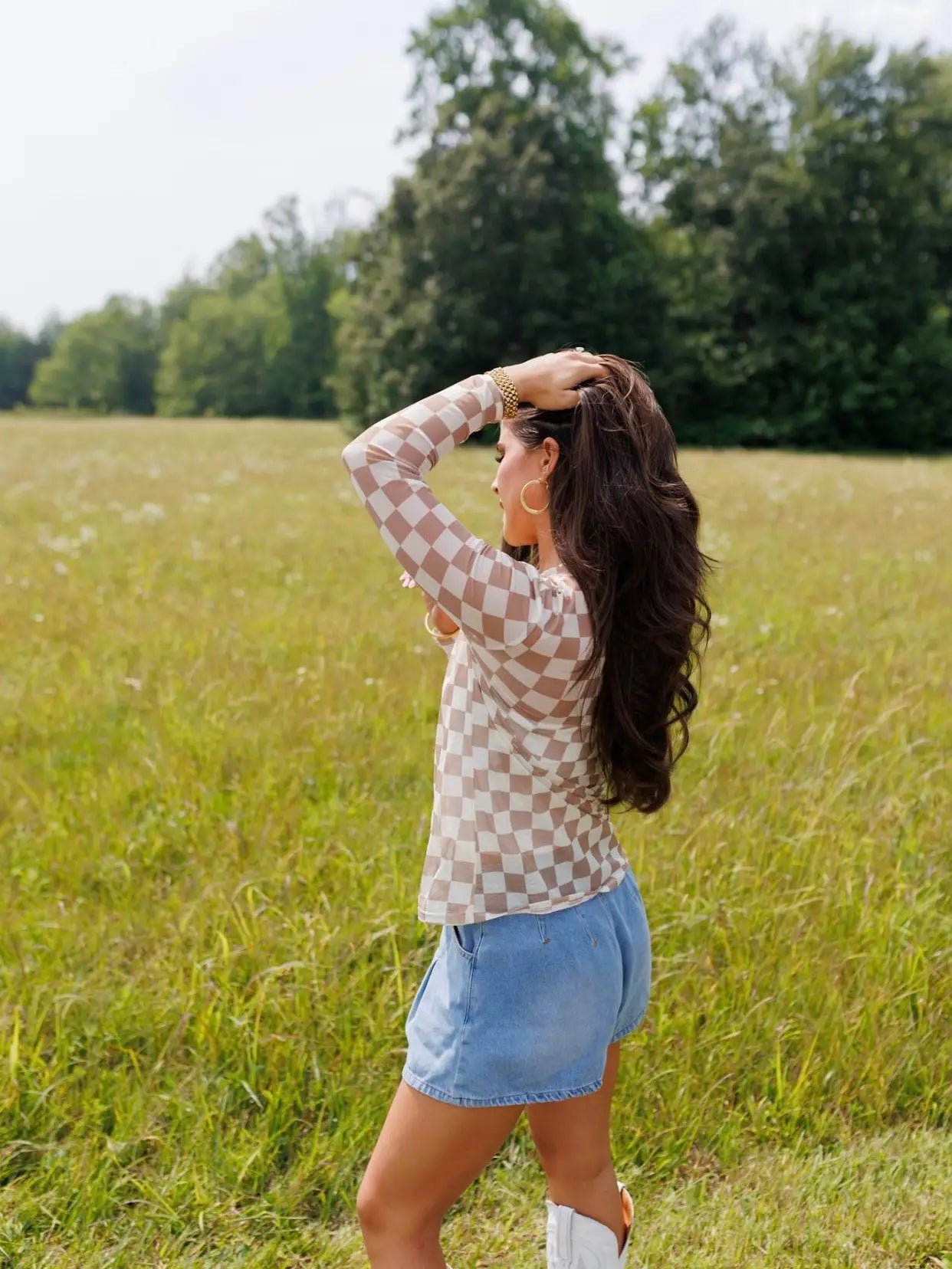 Wanna Bet On It Tan Checkered Mesh Top