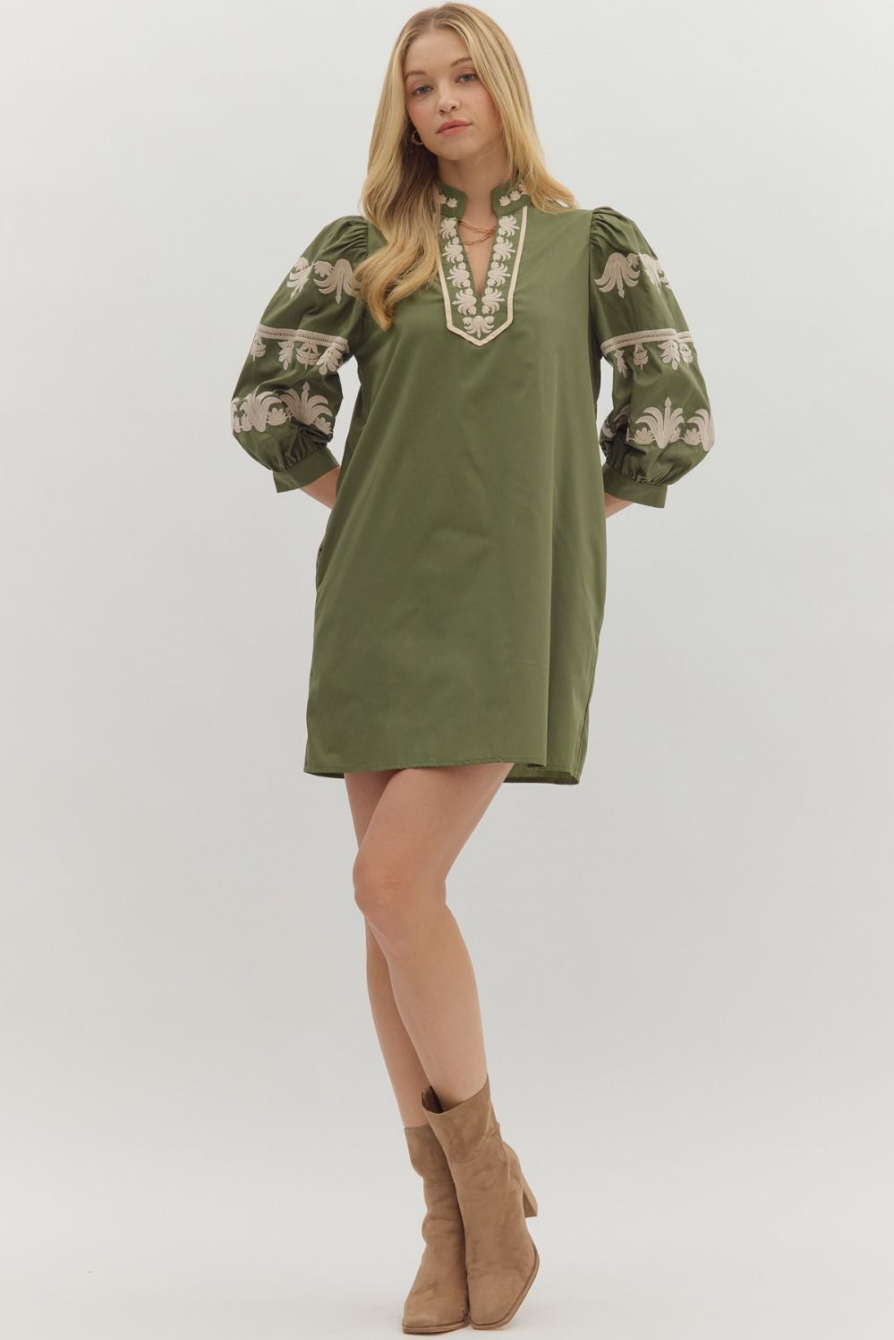 Only If You Promise Me Olive Embroidered Dress