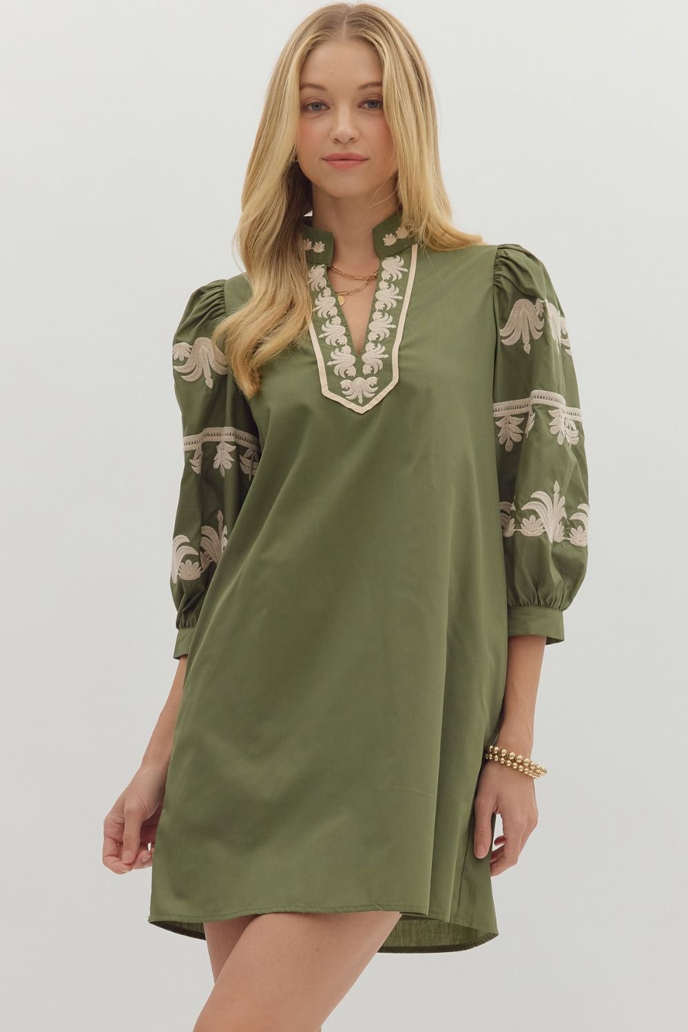 Only If You Promise Me Olive Embroidered Dress