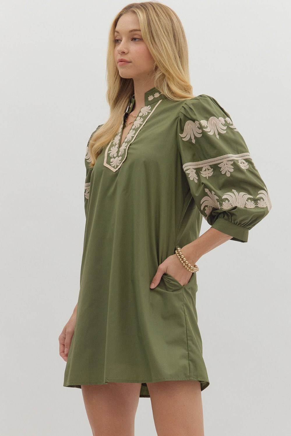 Only If You Promise Me Olive Embroidered Dress