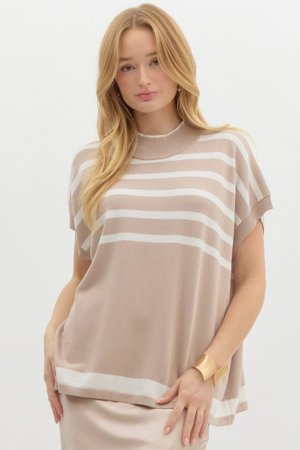 By The Shore Taupe Striped Blouse