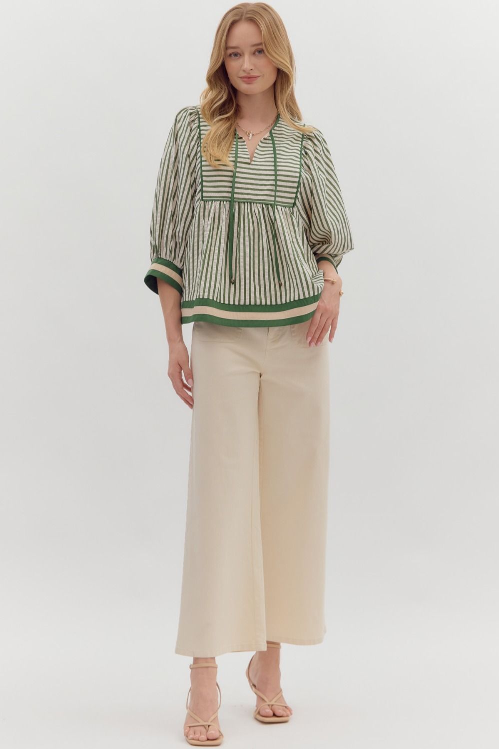 Falling Into Place Green Striped Blouse