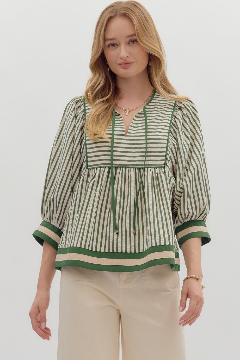 Falling Into Place Green Striped Blouse