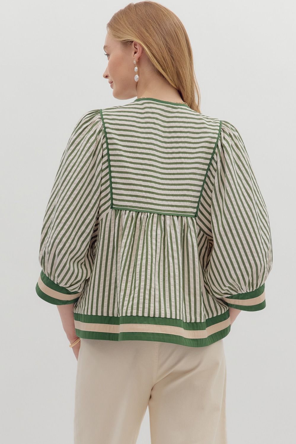 Falling Into Place Green Striped Blouse