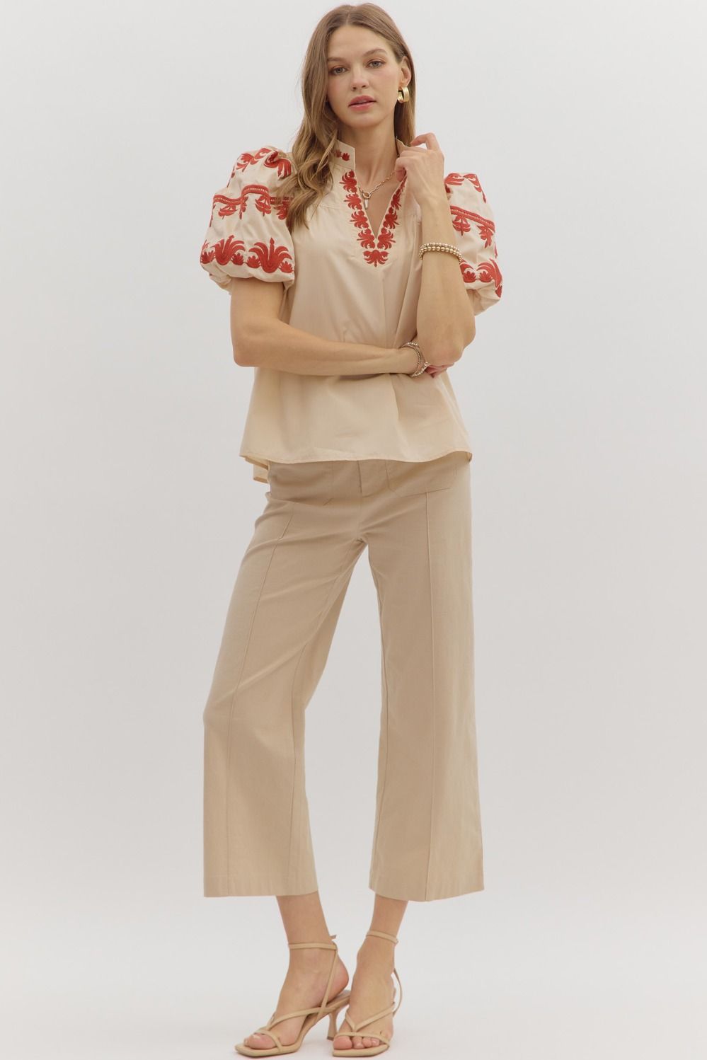 Enjoy Every Bit Taupe Embroidered Blouse