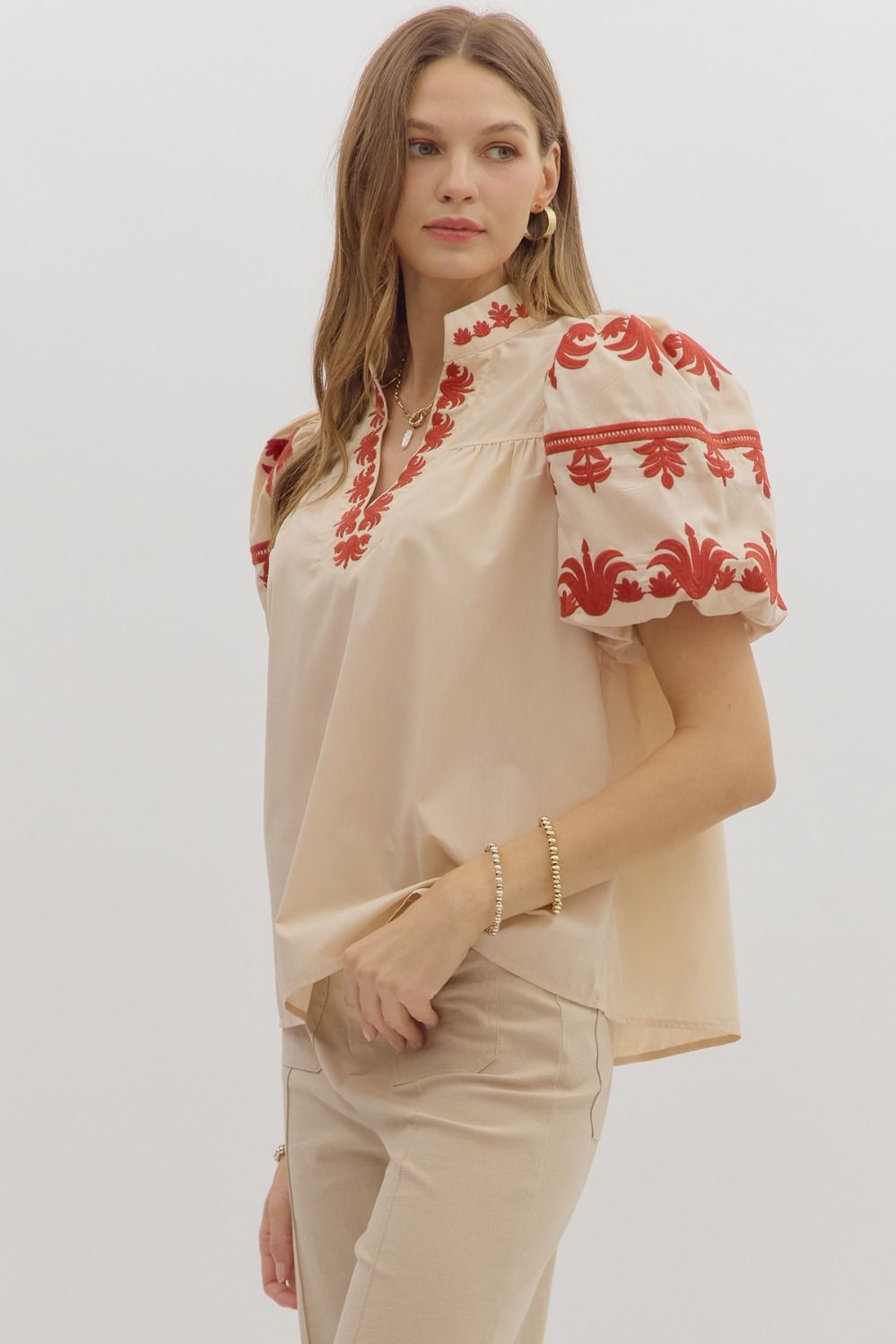 Enjoy Every Bit Taupe Embroidered Blouse