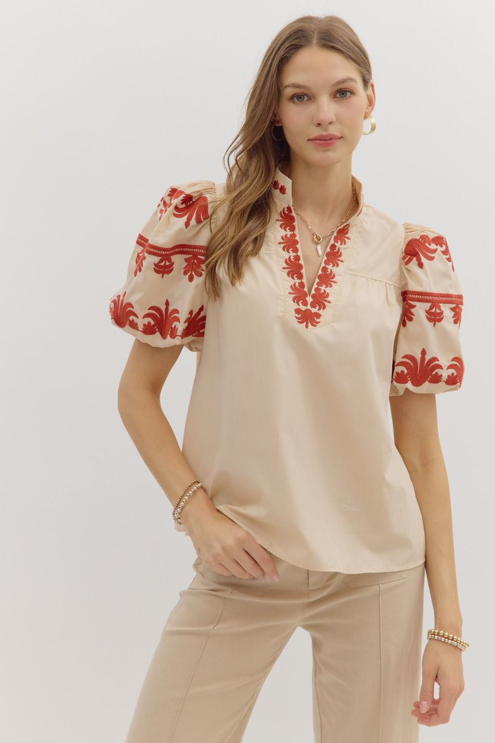 Enjoy Every Bit Taupe Embroidered Blouse