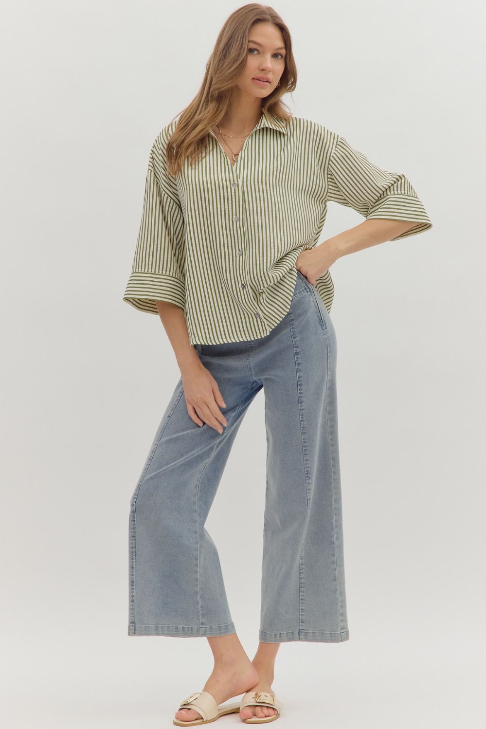 Bonfires & S'Mores Season Olive Striped Blouse