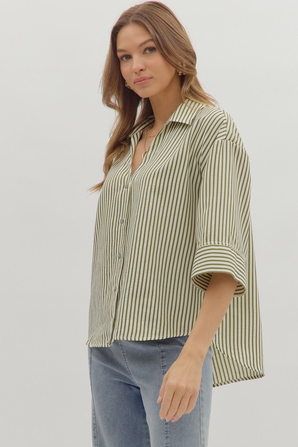 Bonfires & S'Mores Season Olive Striped Blouse