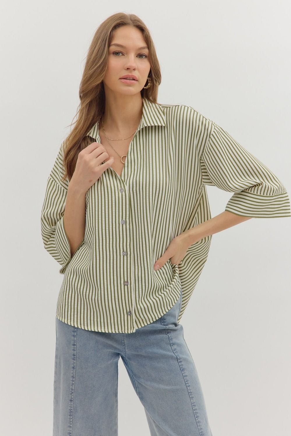 Bonfires & S'Mores Season Olive Striped Blouse