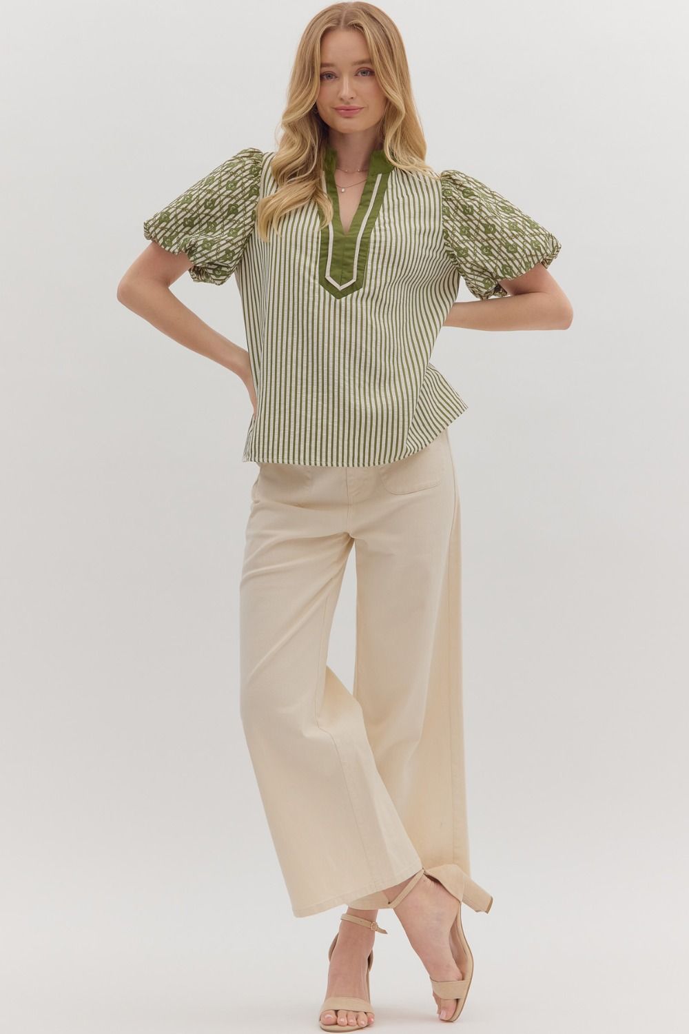 On The Bright Side Olive Striped Embroidered Blouse