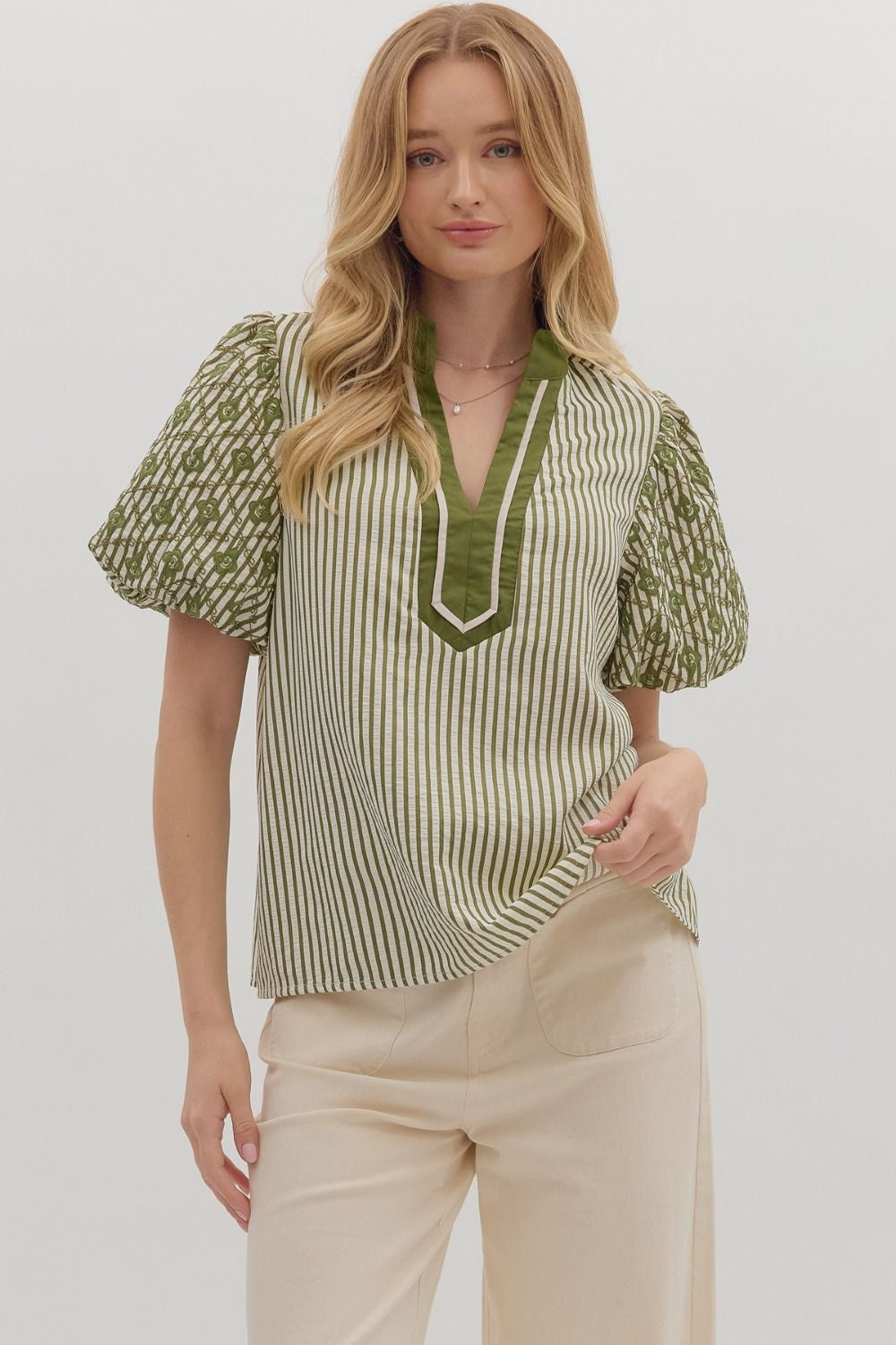 On The Bright Side Olive Striped Embroidered Blouse