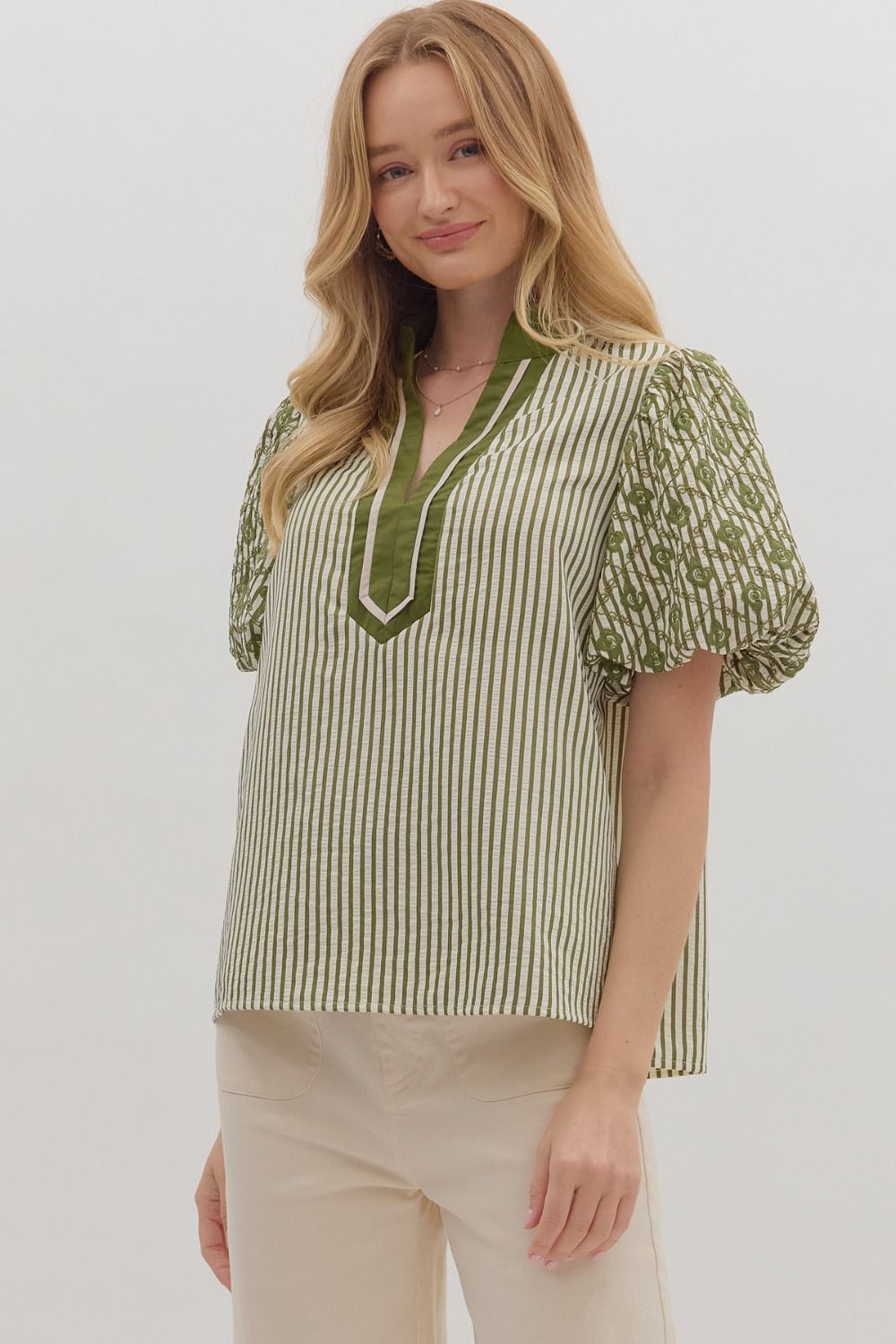On The Bright Side Olive Striped Embroidered Blouse