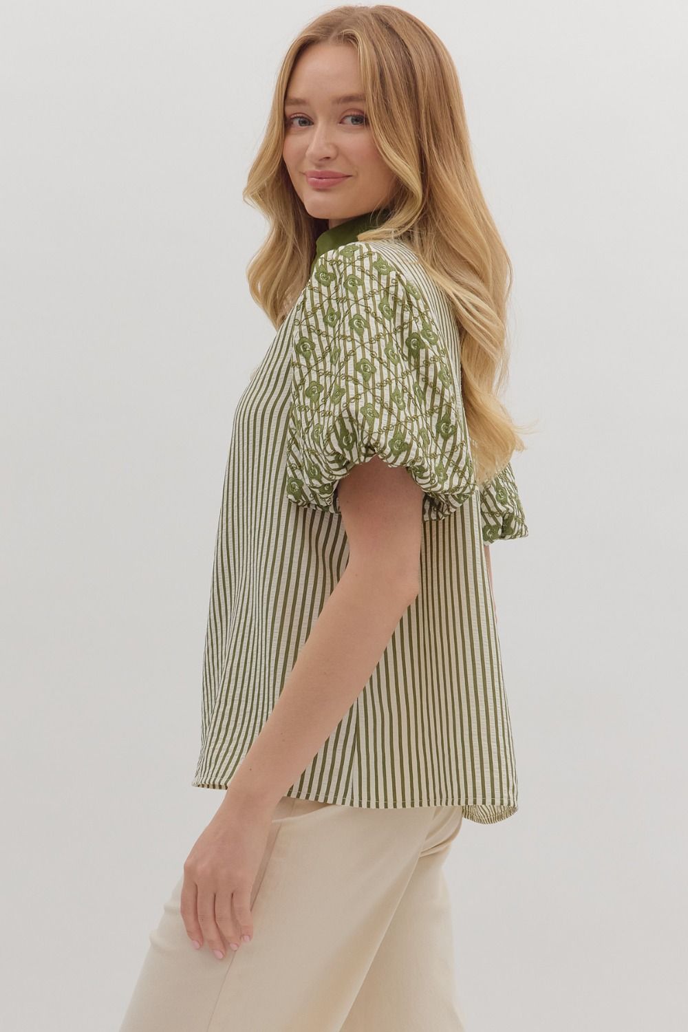On The Bright Side Olive Striped Embroidered Blouse