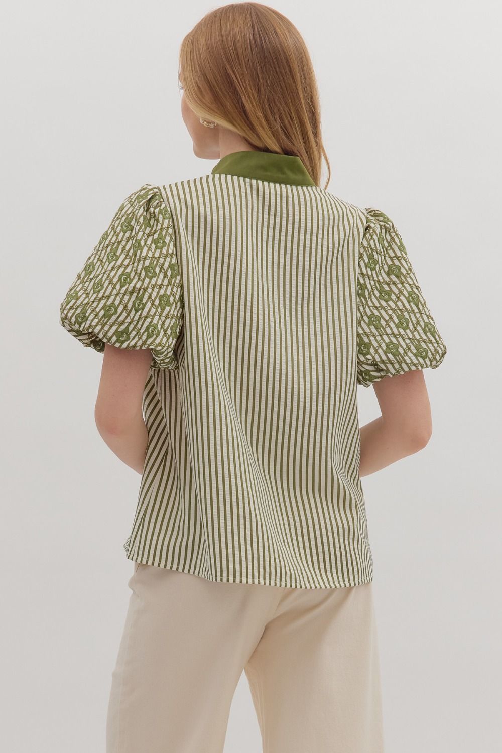 On The Bright Side Olive Striped Embroidered Blouse