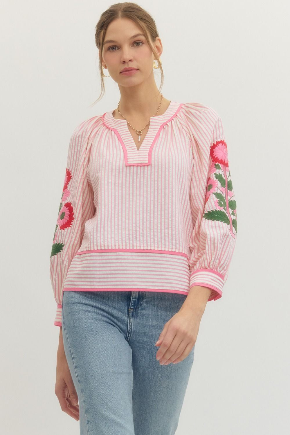 Can't Stop Staring At You Pink Striped Embroidered Blouse