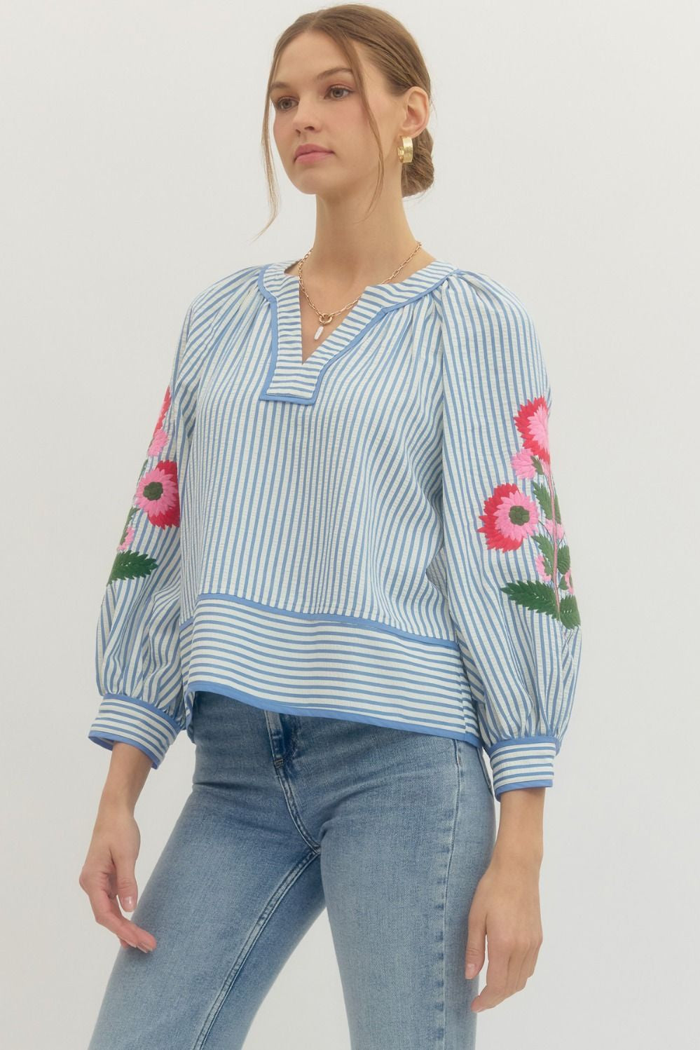 Can't Stop Staring At You Blue Striped Embroidered Blouse
